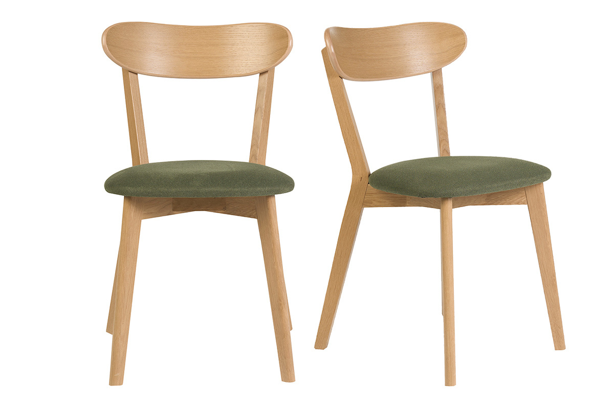 Set aus 2 Vintage-St�hlen aus hellem Eichenholz und khakigr�nem Stoff, Vorderansicht.