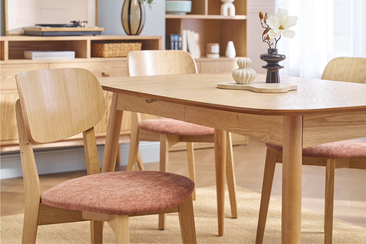 Vintage-Sthle aus hellem Holz mit Eichenfurnier und Stoff mit strukturiertem Samteffekt in Terracotta (2er-Set) LUCIA