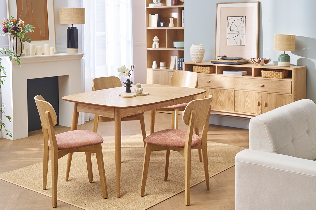 Vintage-Sthle aus hellem Holz mit Eichenfurnier und Stoff mit strukturiertem Samteffekt in Terracotta (2er-Set) LUCIA