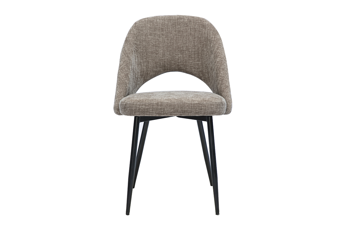 Vintage-Stuhl COSETTE in Taupe aus Stoff mit strukturierter Samtoptik und schwarzen Metallbeinen, Vorderansicht.
