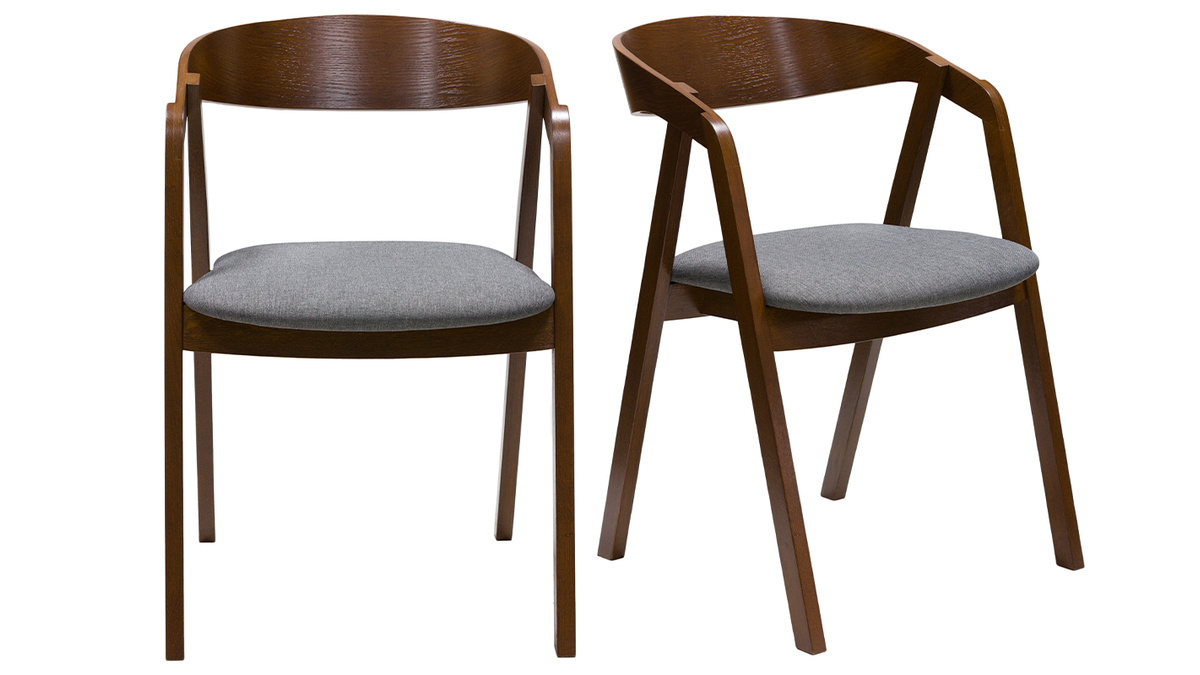 Vintage-Stühle Massivholz nussbaumfarben gebeizt und grauer Stoff (2er-Set) LOVA