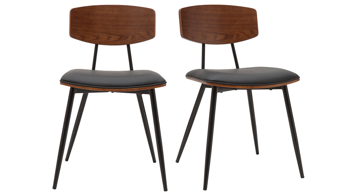 Vintage-Stühle Walnuss mit schwarzen Sitzflächen und schwarzem Metall (2er-Set) JOLINE
