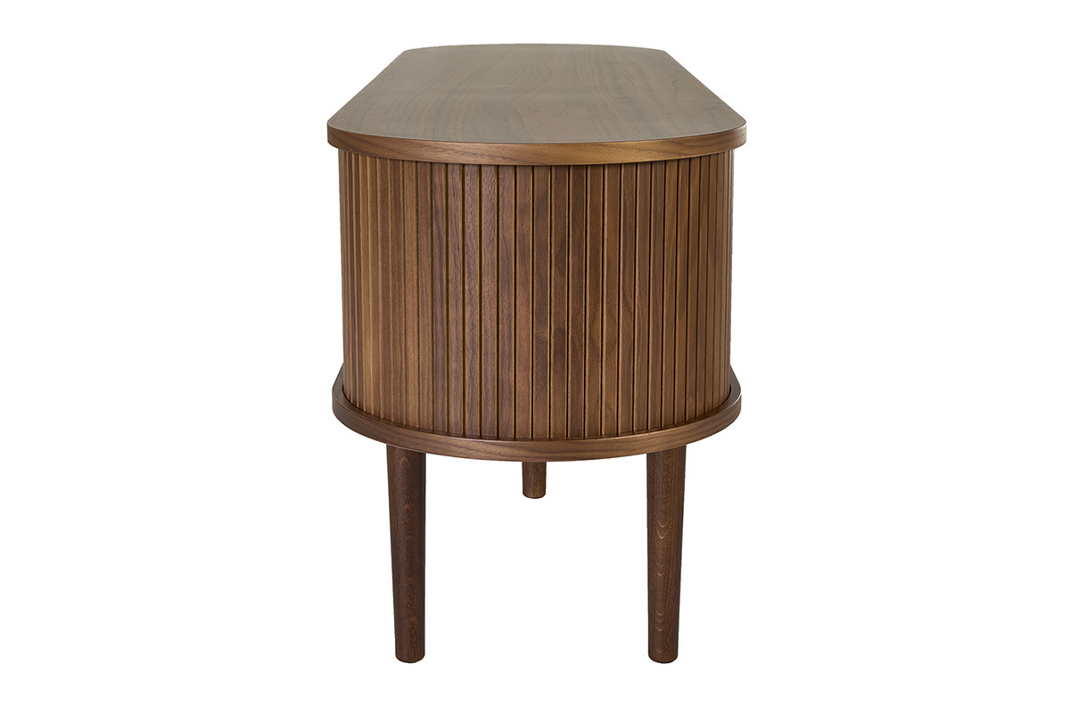 Vintage-TV-M�bel aus dunklem Nussbaumholz mit Stauraum, Seitenansicht, Beine aus massiver Eiche.
