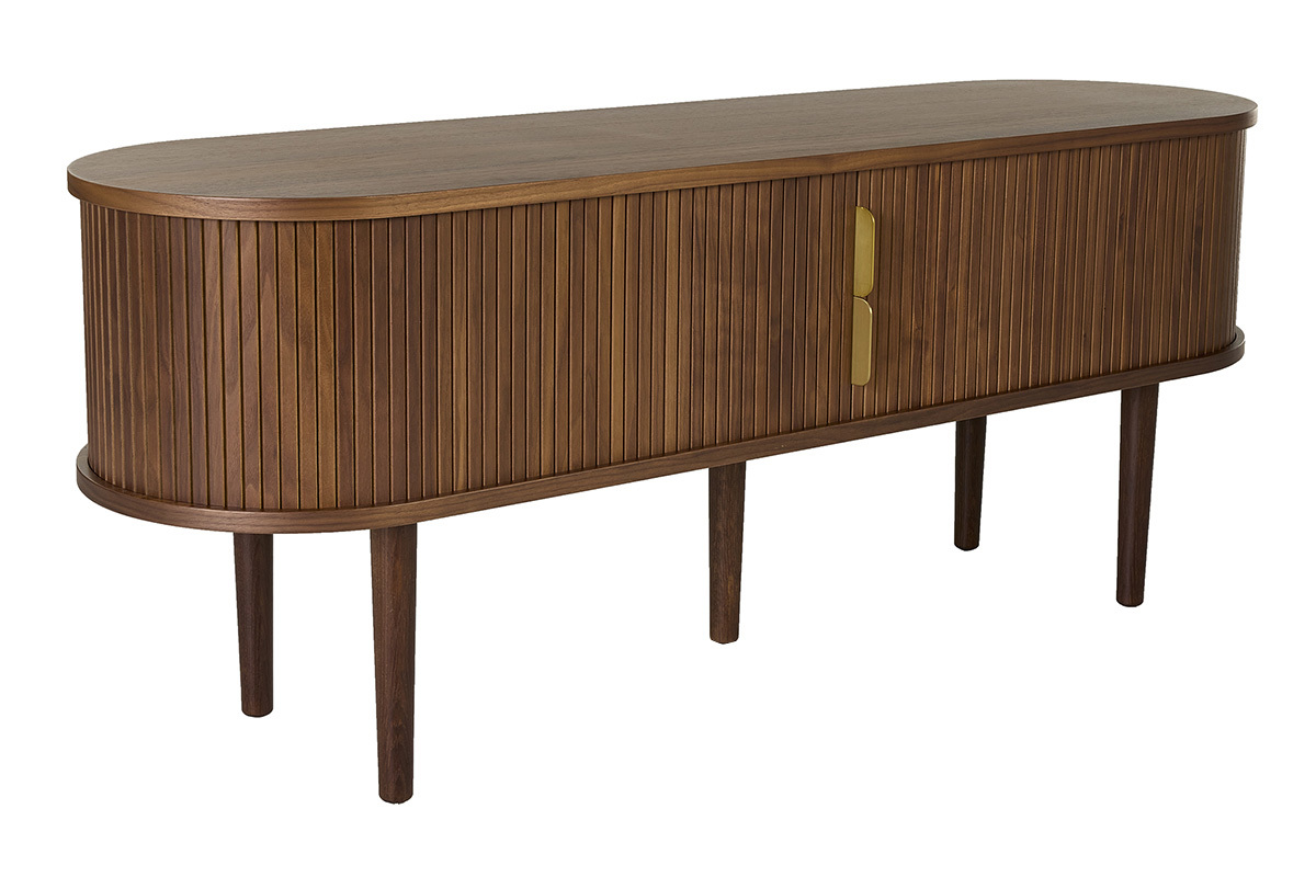 Vintage-TV-M�bel aus dunklem Walnussholz mit zwei Schiebet�ren, im Retro-Chic-Stil.
