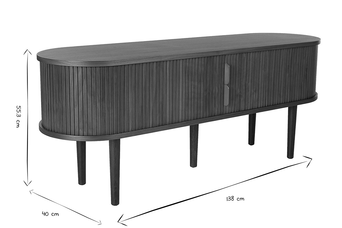 Vintage-TV-M�bel aus dunklem Nussbaumholz mit Stauraum, zwei Schiebet�ren, 3/4-Ansicht, Ma�e 138 x 40 x 55,3 cm.