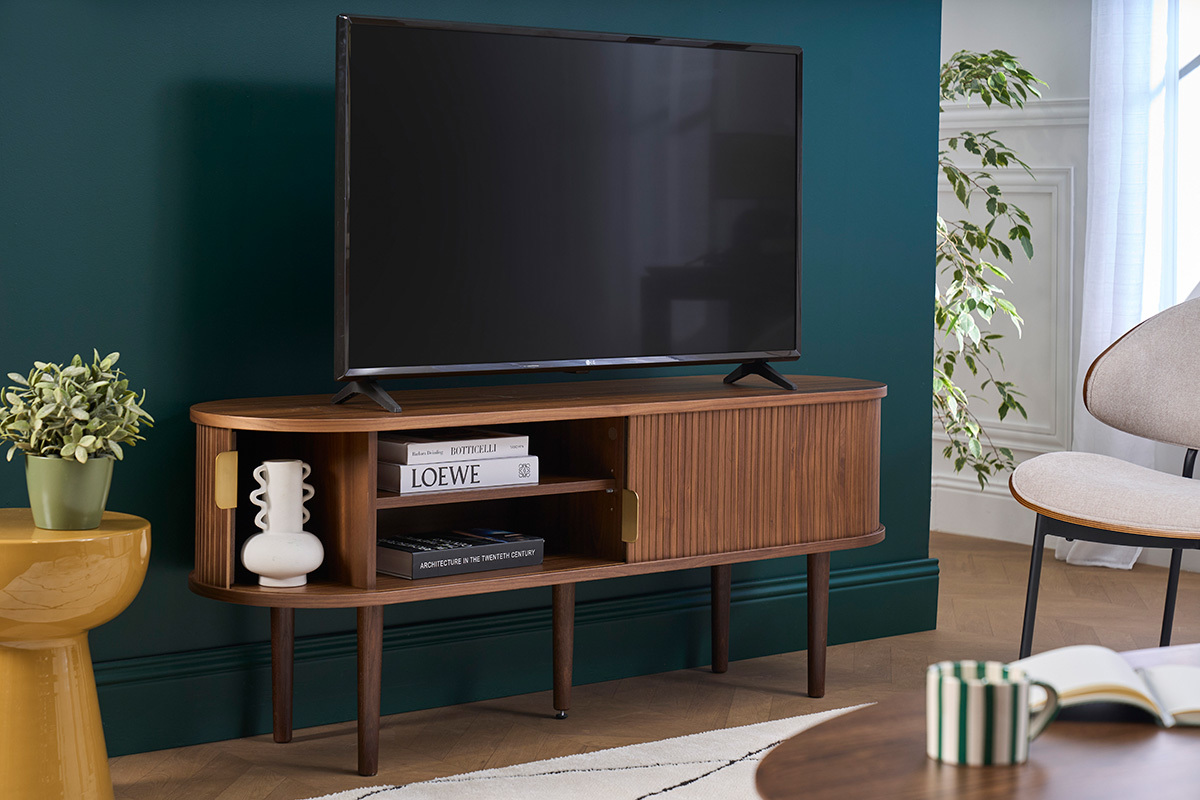 Vintage TV-M�bel aus dunklem Holz, Nussbaum mit Stauraum, 2 Schiebet�ren L138 cm EPIC