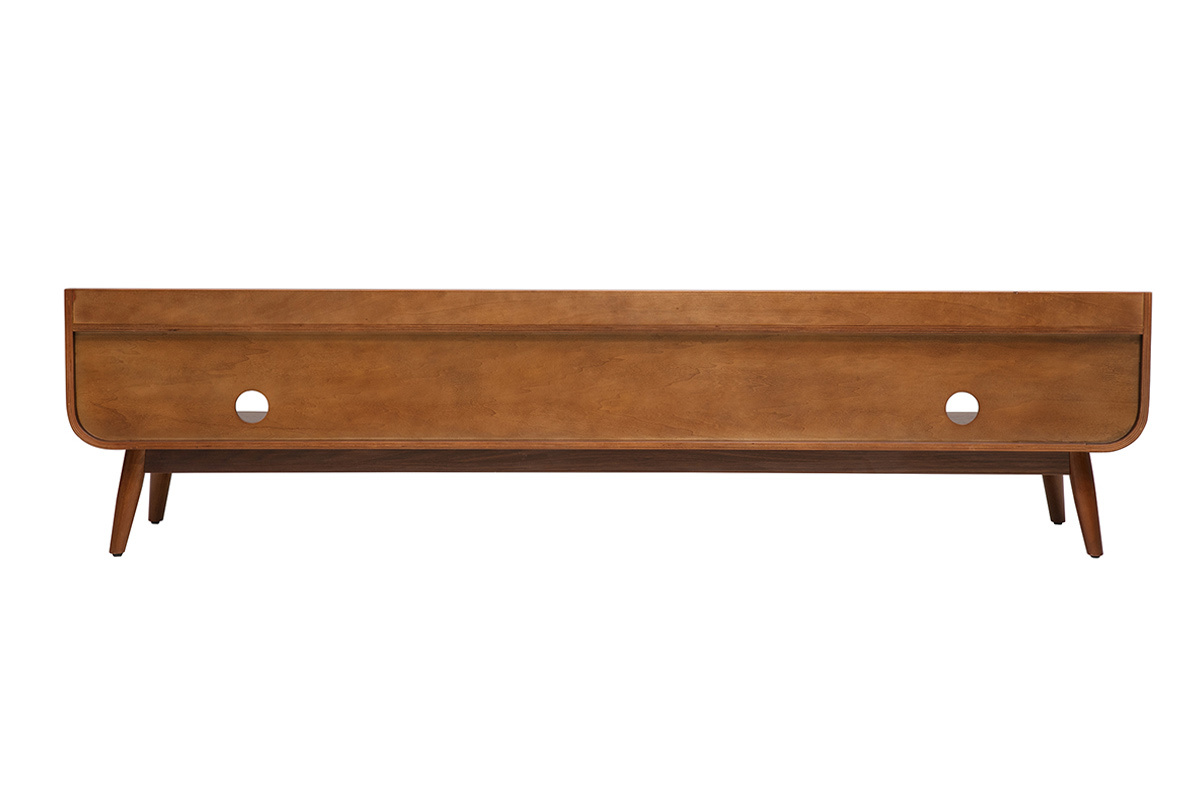Vintage-TV-M�bel aus dunklem Holz, R�ckansicht, mit Schublade und offenen F�chern.
