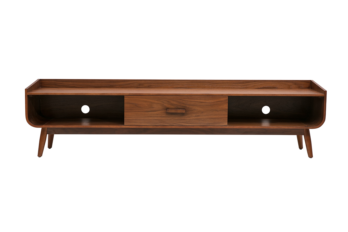 Vintage-TV-M�bel aus dunklem Holz, 200 cm, mit zentraler Schublade und offenen F�chern.