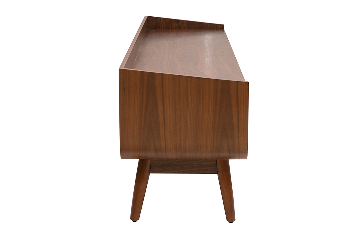 Vintage-TV-M�bel aus dunklem Holz, Seitenansicht, elegantes Design und konische Beine.