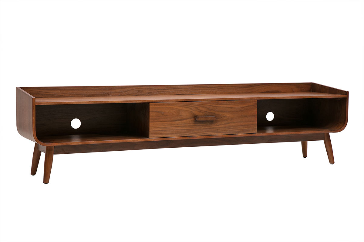 Vintage-Fernsehschrank aus dunklem Nussbaumholz, mit Schublade und offenen F�chern, 3/4-Ansicht.