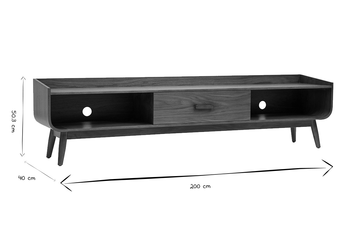 Abmessungen des TV-M�bels HALLEN: L200 cm, T40 cm, H50,3 cm in Schwarz und Wei�.