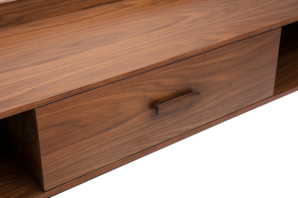 Nahaufnahme des TV-M�bels HALLEN aus dunklem Holz mit Schublade und offenen F�chern