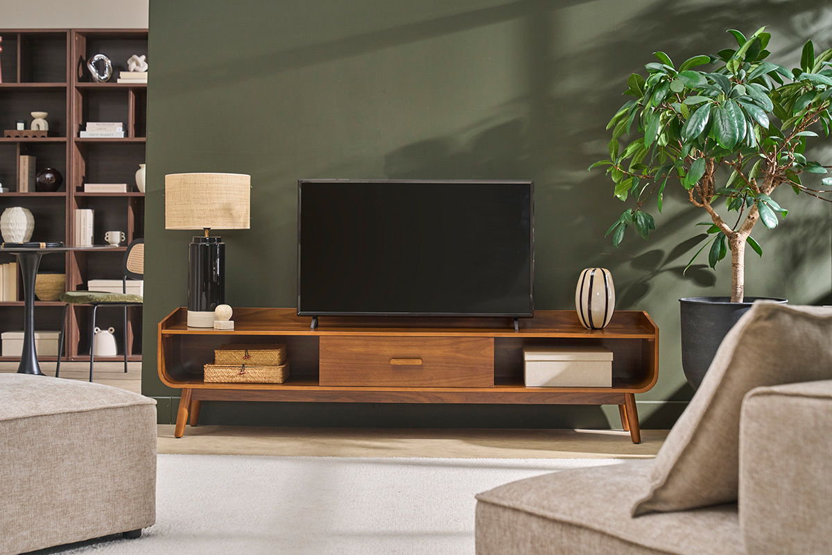 Vintage TV-M�bel aus dunklem Nussbaumholz L200 cm HALLEN