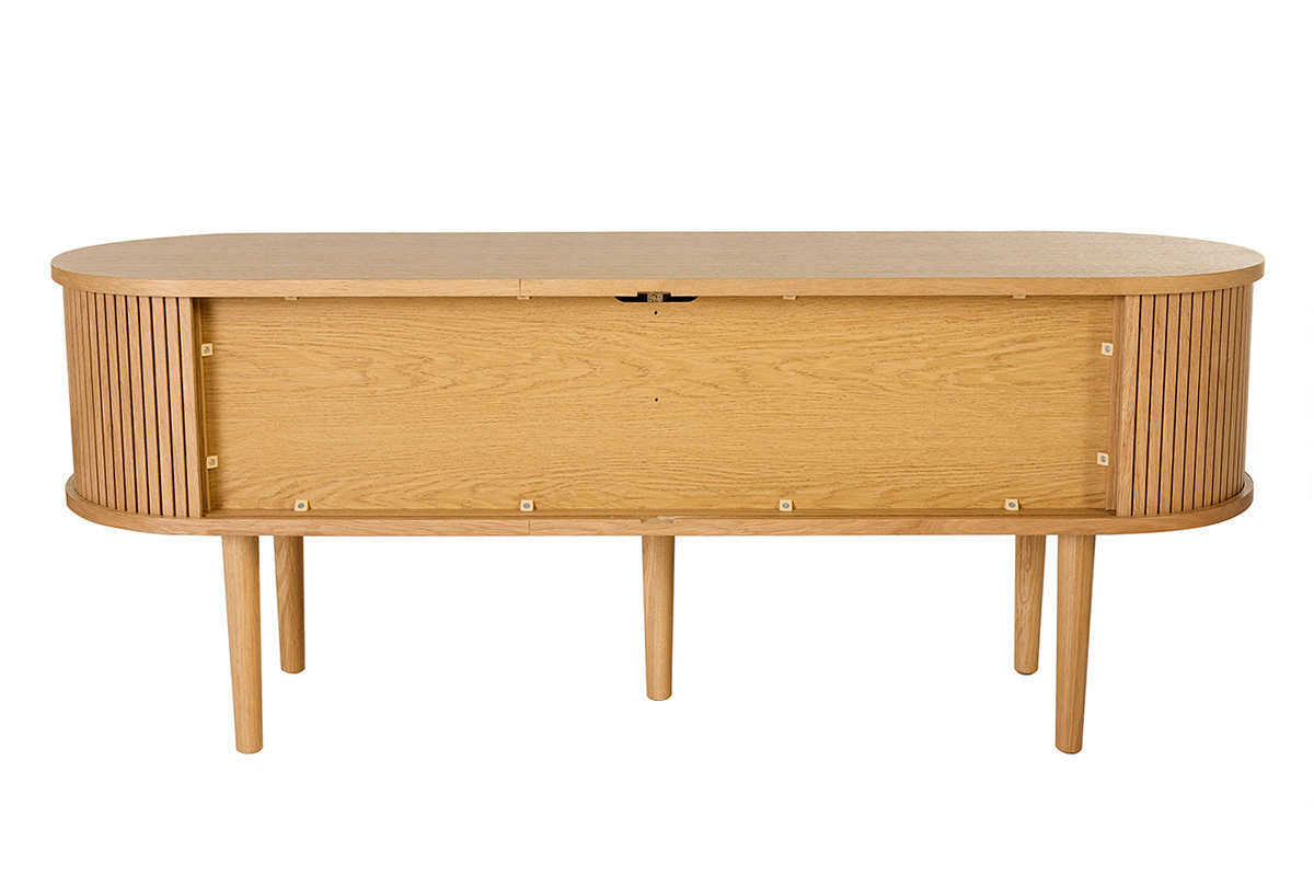 Vintage-TV-M�bel aus hellem Holz, R�ckansicht, mit zwei Schiebet�ren und F��en aus massiver Eiche.