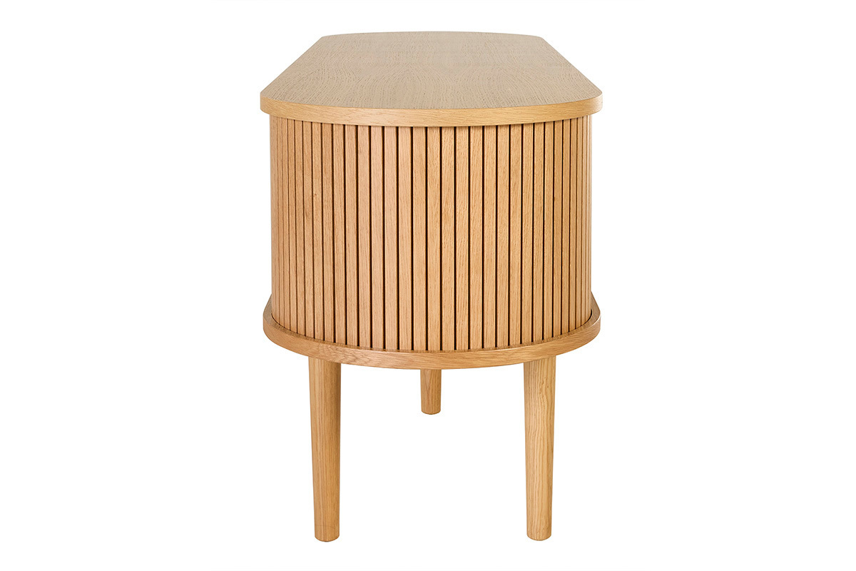 Vintage-TV-M�bel aus hellem Eichenholz mit Stauraum, Seitenansicht, elegantes und zeitloses Design.