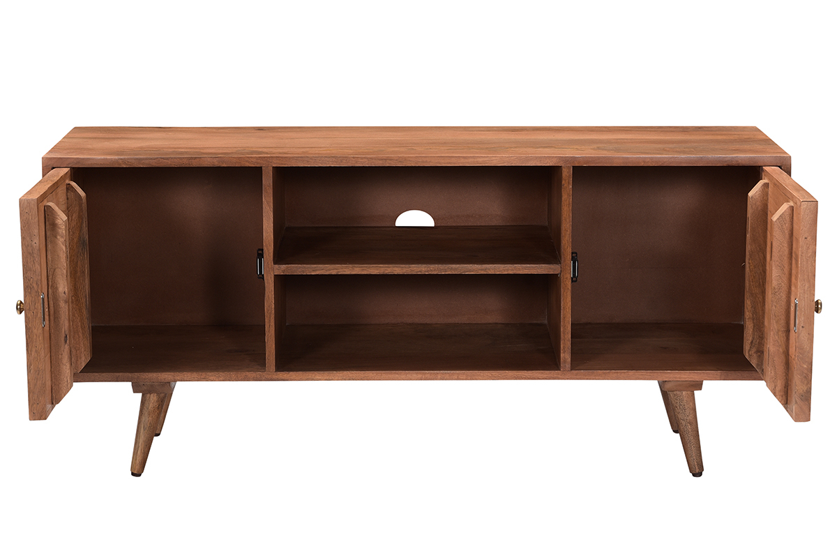 Vintage TV-Mbel aus massivem Mangoholz mit geschnitzten Tren mit Motiv L115 cm HIRA