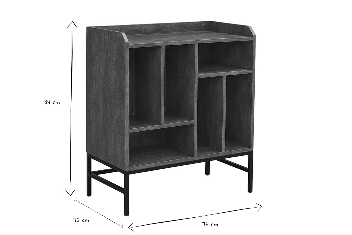 Schallplatten-Aufbewahrungsbuffet aus Holz und schwarzem Metall, Ma�e in Schwarzwei�: L76 x T42 x H84 cm.