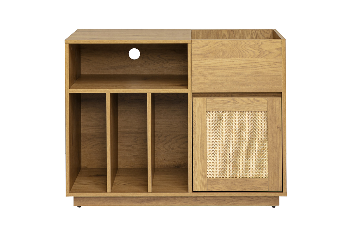 Aufbewahrungsbuffet f�r Schallplatten aus hellem Eichenholz mit Rattan-Geflecht, Frontansicht.