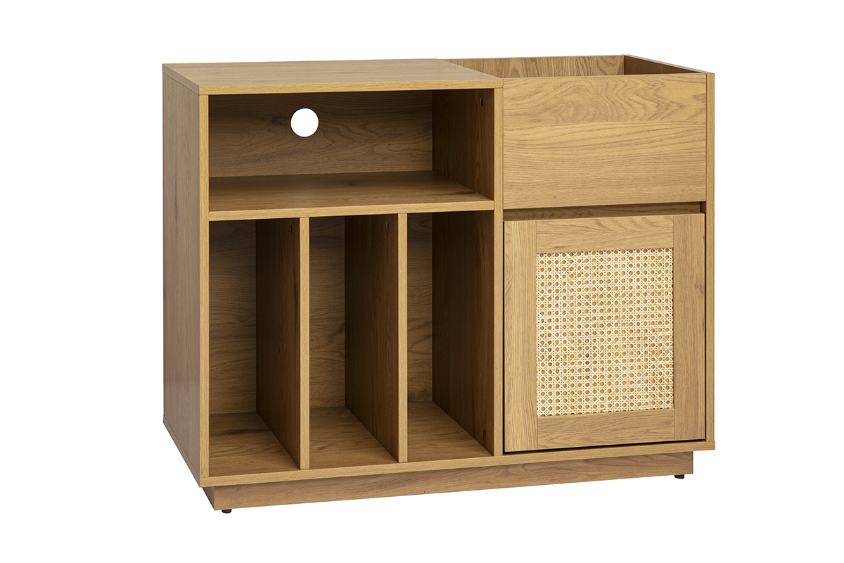 Vinyl-Aufbewahrungsbuffet aus hellem Eichenholz mit Rattan-Geflecht, 3/4-Ansicht, Ma�e 95x45x75 cm.
