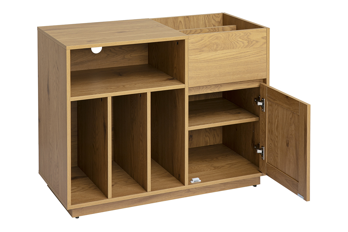 Vinyl-Aufbewahrungsbuffet in heller Holzoptik, Eiche und Rattan-Geflecht L95 cm ALICANTE