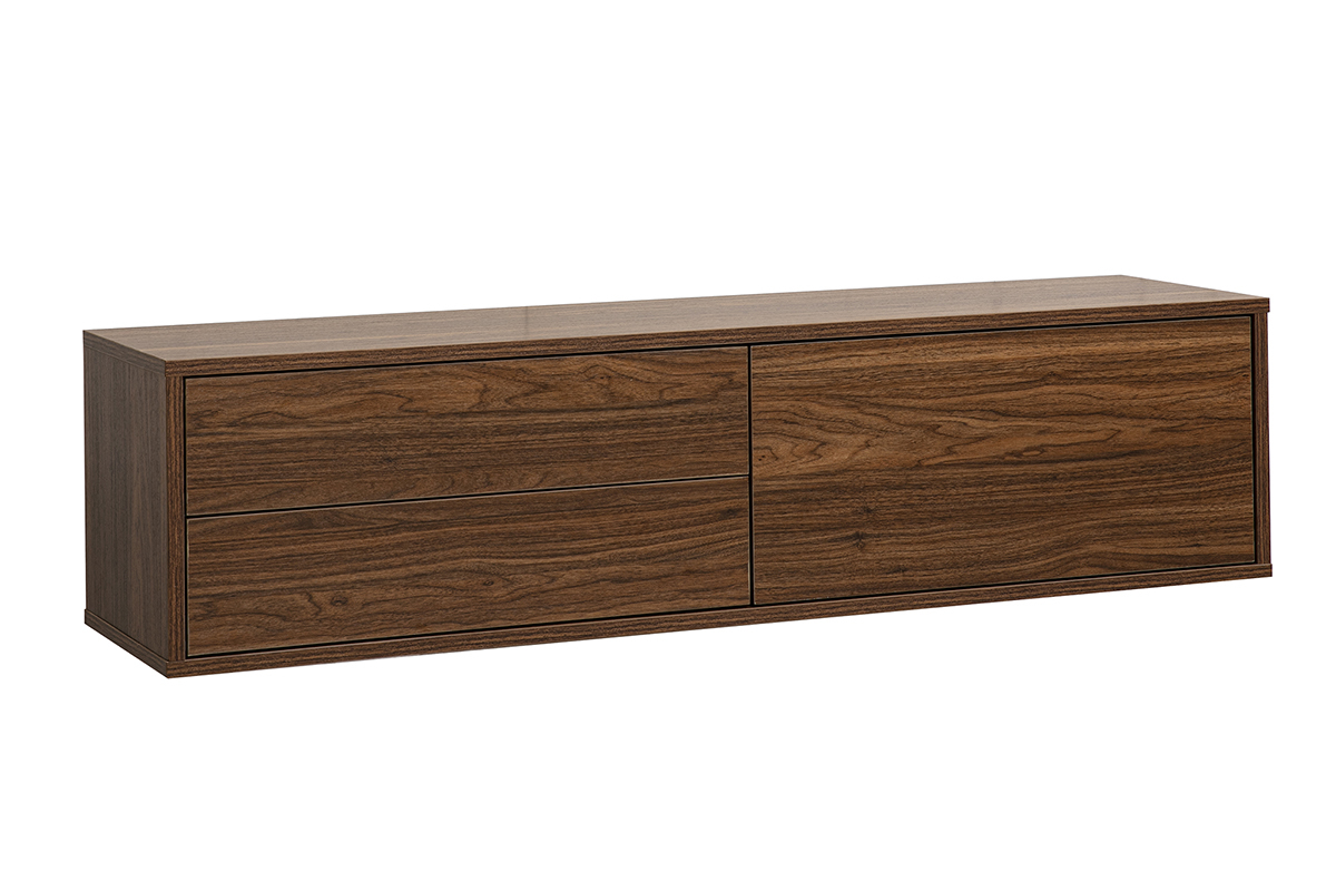 Wand-TV-M�bel mit dunkler Walnuss-Holzoptik, L 120 cm FLEXO, 3/4-Ansicht mit zwei Schubladen und einer Nische.