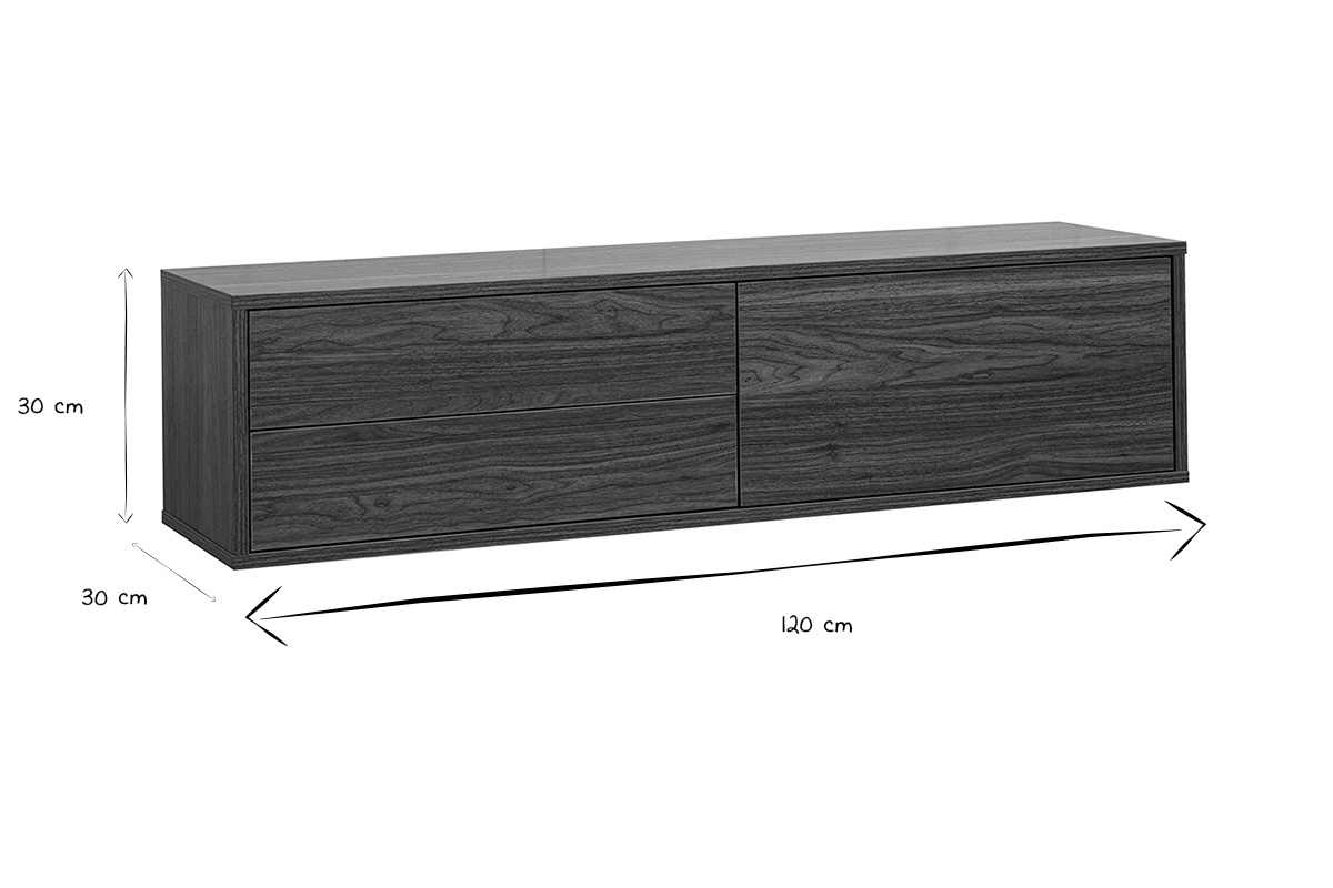 Abmessungen des wandmontierten TV-M�bels FLEXO in Schwarz und Wei�: 120 cm lang, 30 cm hoch.