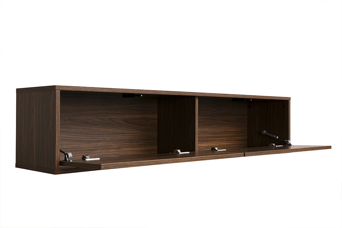 Wand-TV-M�bel in dunkler Walnuss-Holzoptik, 3/4-Ansicht, mit zwei grifflosen �ffnungen.