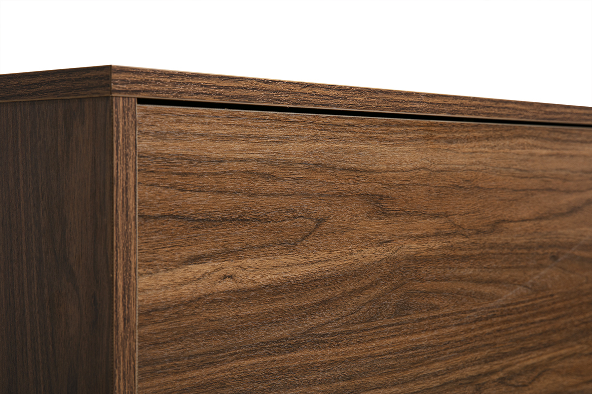 Detail des wandmontierten TV-M�bels FLEXO in Walnuss-Holzoptik, Nahaufnahme.