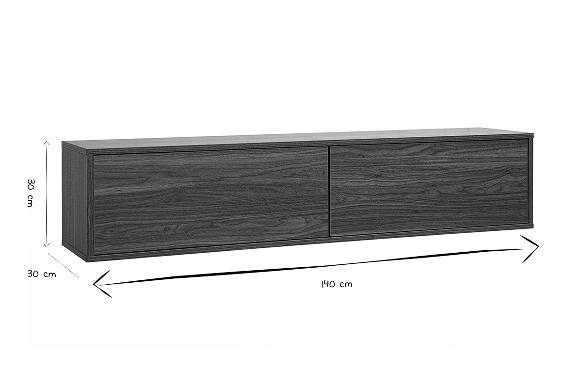 Abmessungen des wandmontierten TV-M�bels FLEXO in Schwarz und Wei�, 140 cm lang, 30 cm hoch und tief.