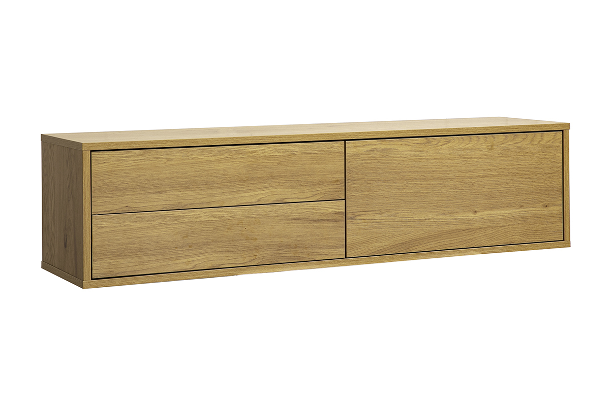 Wand-TV-M�bel in heller Eichenholzoptik, 3/4-Ansicht, L�nge 120 cm, mit Schubladen und Nische.