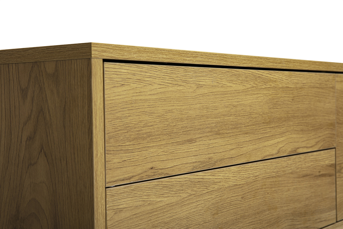 Detail des Wand-TV-M�bels FLEXO aus hellem Eichenholz, mit zwei sichtbaren Schubladen.