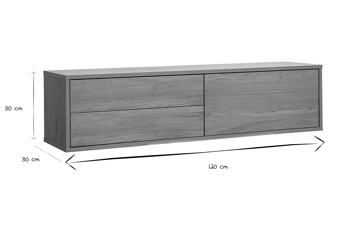 Abmessungen des schwarz-wei�en TV-Wandm�bels: 120 cm lang, 30 cm hoch, 30 cm tief.
