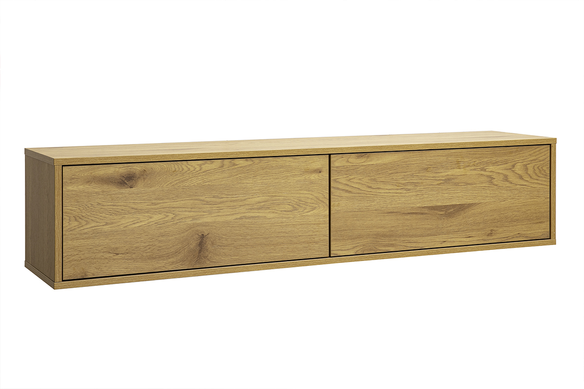 Wandmontiertes TV-M�bel aus hellem Eichenholz, 3/4-Ansicht, L�nge 140 cm, mit zwei grifflosen Schubladen.
