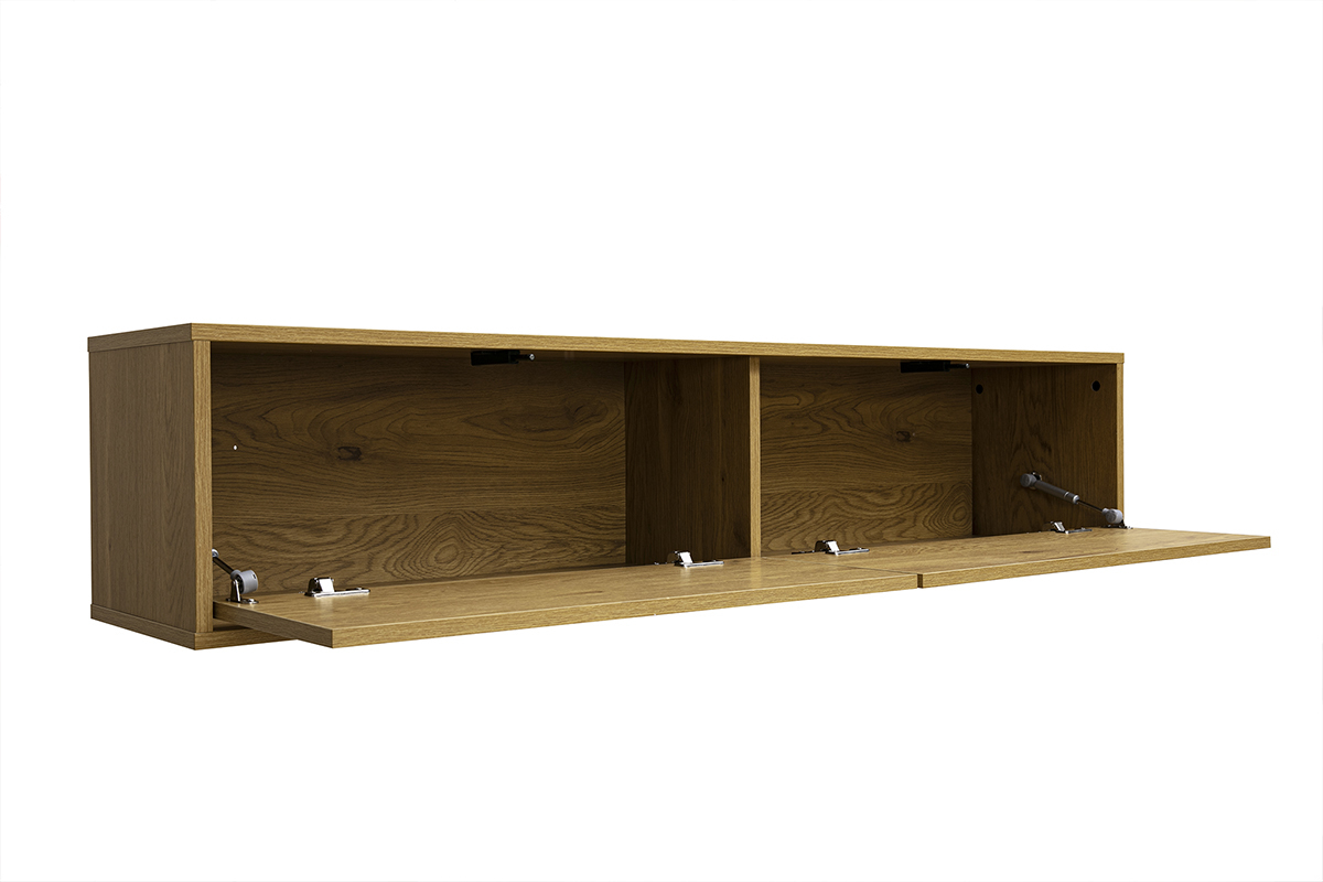 Wand-TV-M�bel aus hellem Eichenholz, 140 cm, in 3/4-Ansicht mit ge�ffneten Schubladen.