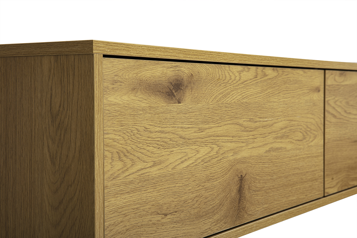 Wand-TV-M�bel FLEXO in heller Eichenholz-Optik, 3/4-Ansicht, die die Holzstruktur zeigt.