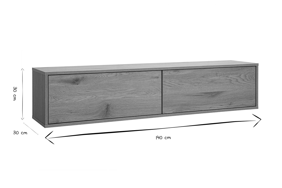 Abmessungen des wandmontierten TV-M�bels FLEXO in Schwarz und Wei�: 140 cm lang, 30 cm hoch und 30 cm tief.