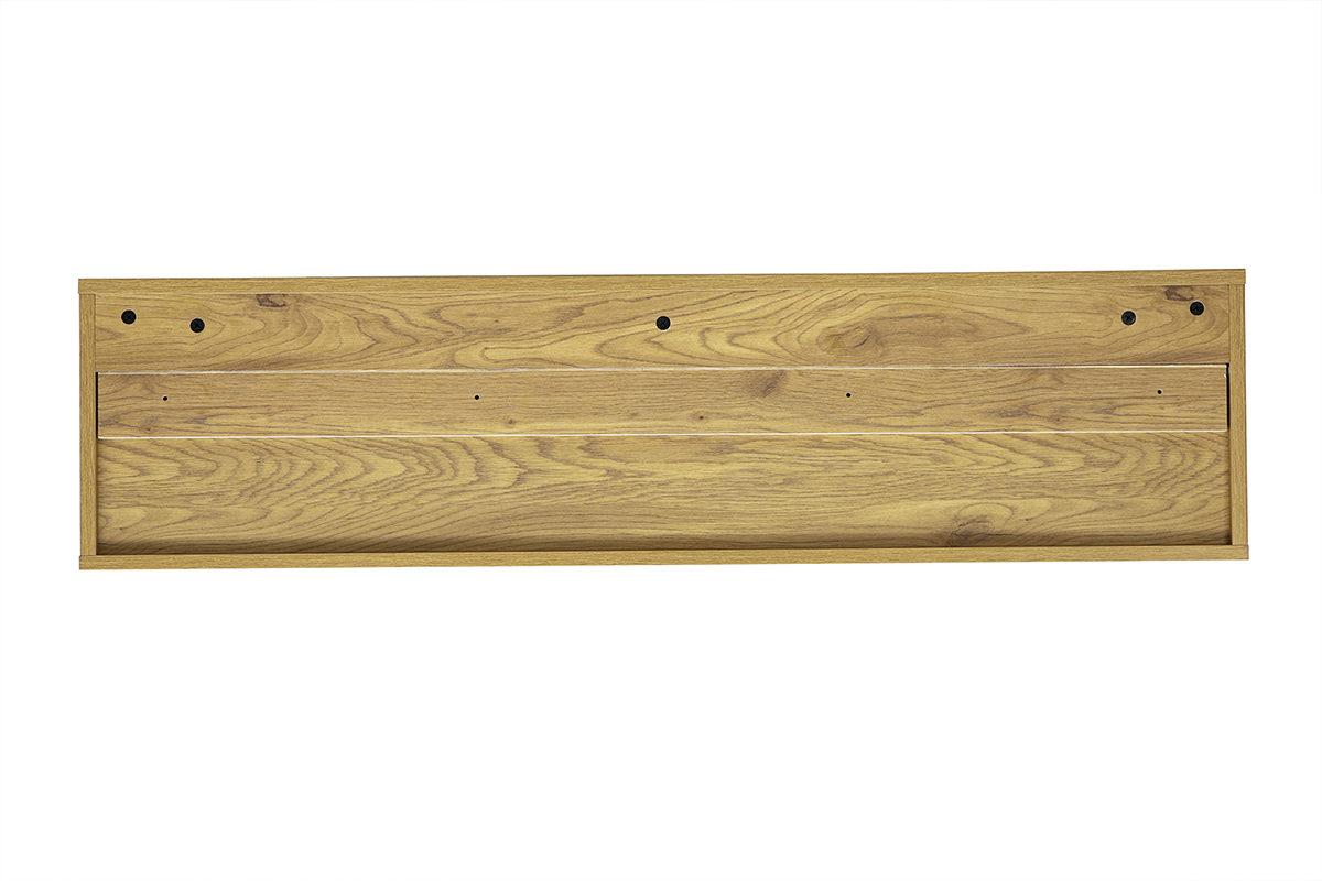 R�ckansicht des wandmontierten TV-M�bels FLEXO in heller Eichenholz-Optik, Ma�e L120 cm.
