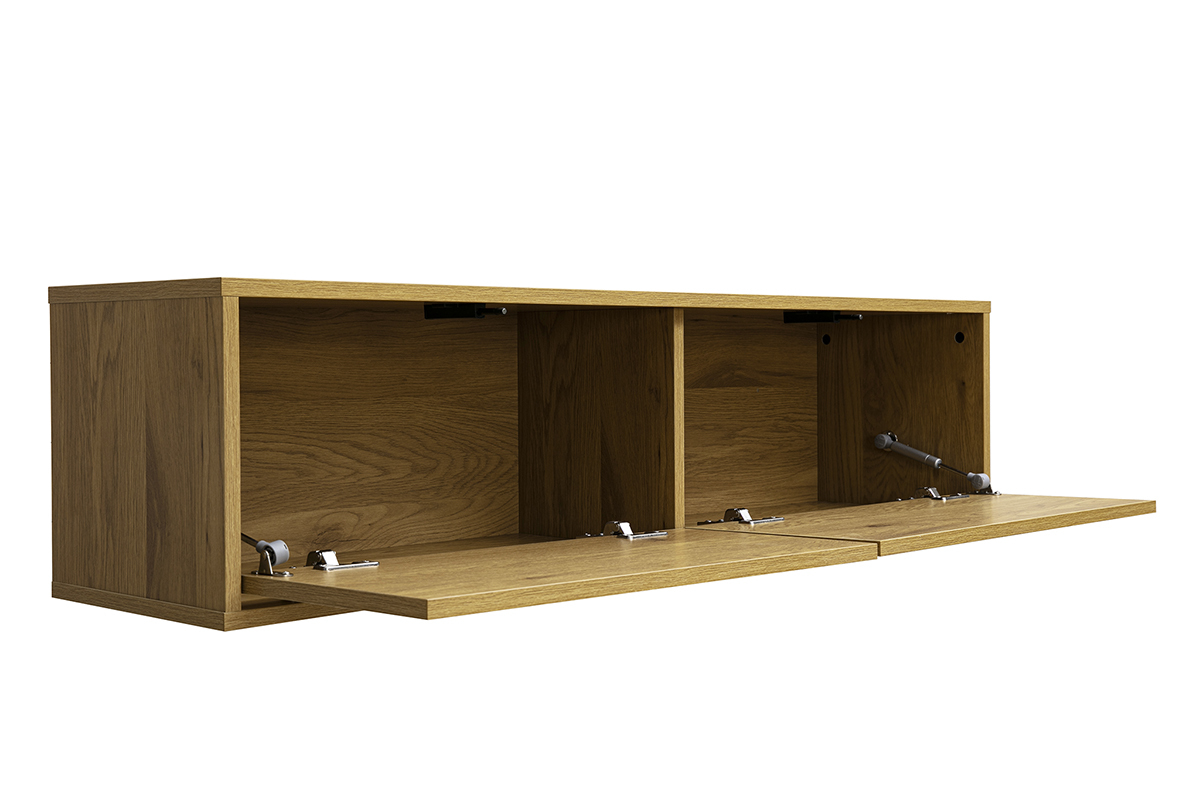 Wand-TV-M�bel FLEXO aus hellem Eichenholz, mit Stauraumf�chern und einer ge�ffneten Schublade, 3/4-Ansicht.