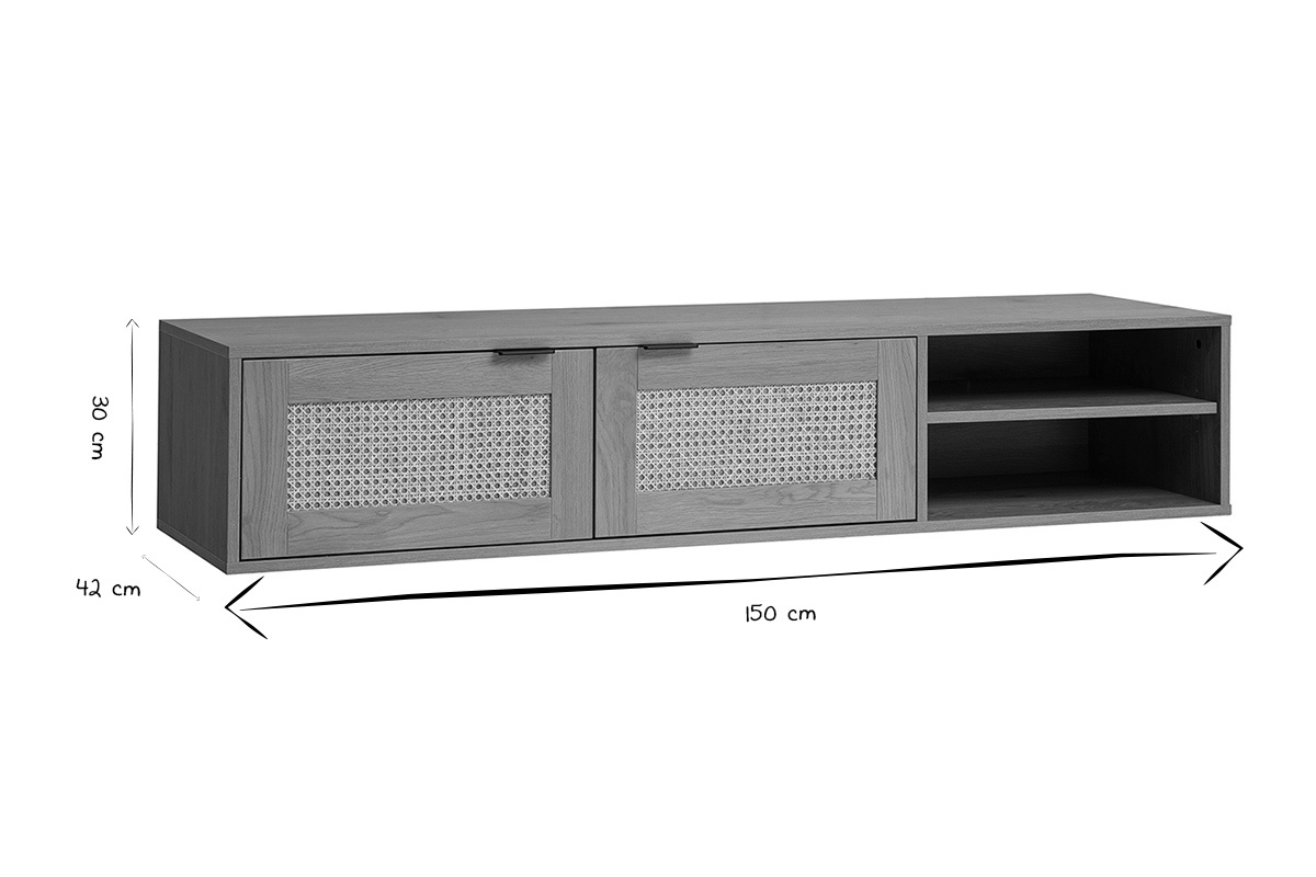 Ma�e des MANILLE Wand-TV-M�bels, L150 x T42 x H30 cm, in Schwarz und Wei�.