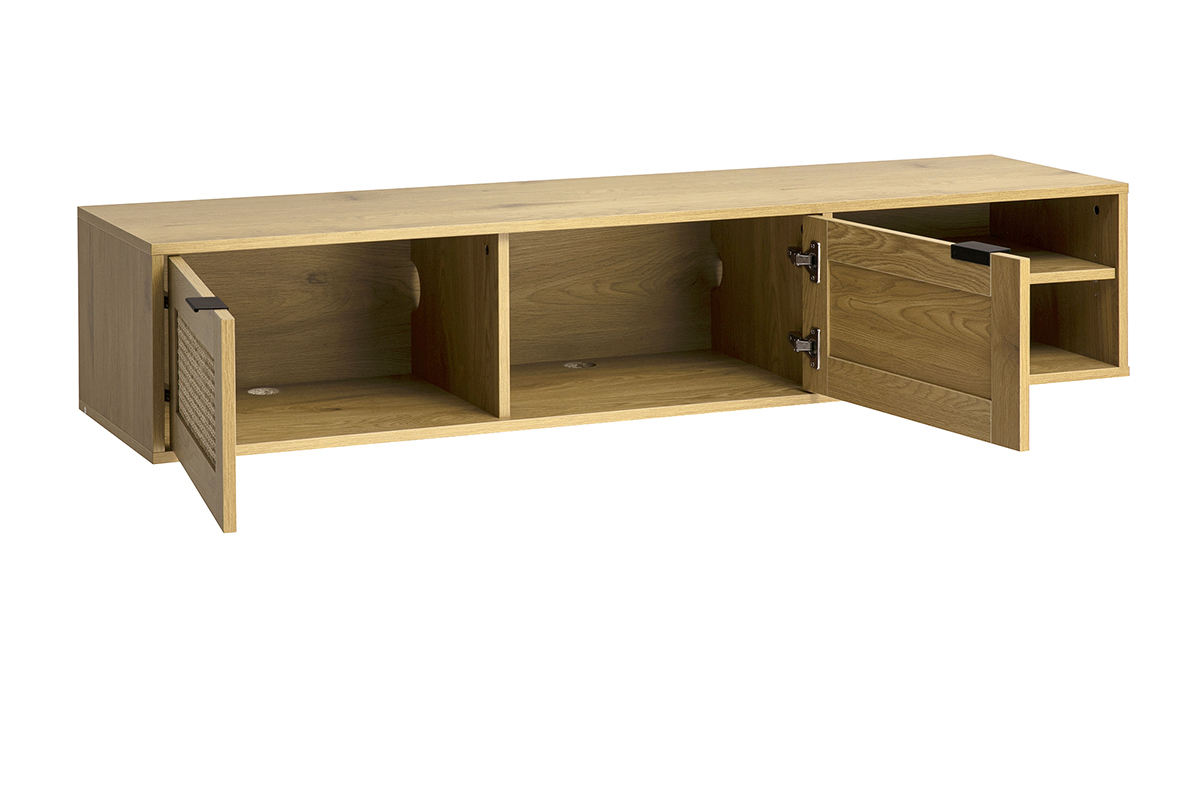 Wand-TV-M�bel aus hellem Holz mit offenen Rattant�ren, Ansicht von 3/4.