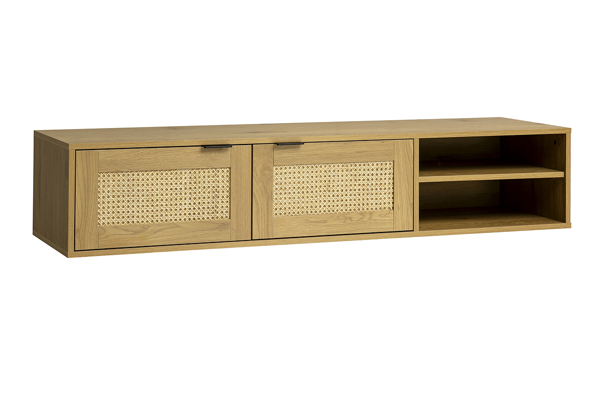 Wand-TV-M�bel aus hellem Holz, Rattangeflecht, zwei T�ren, Ansicht 3/4.