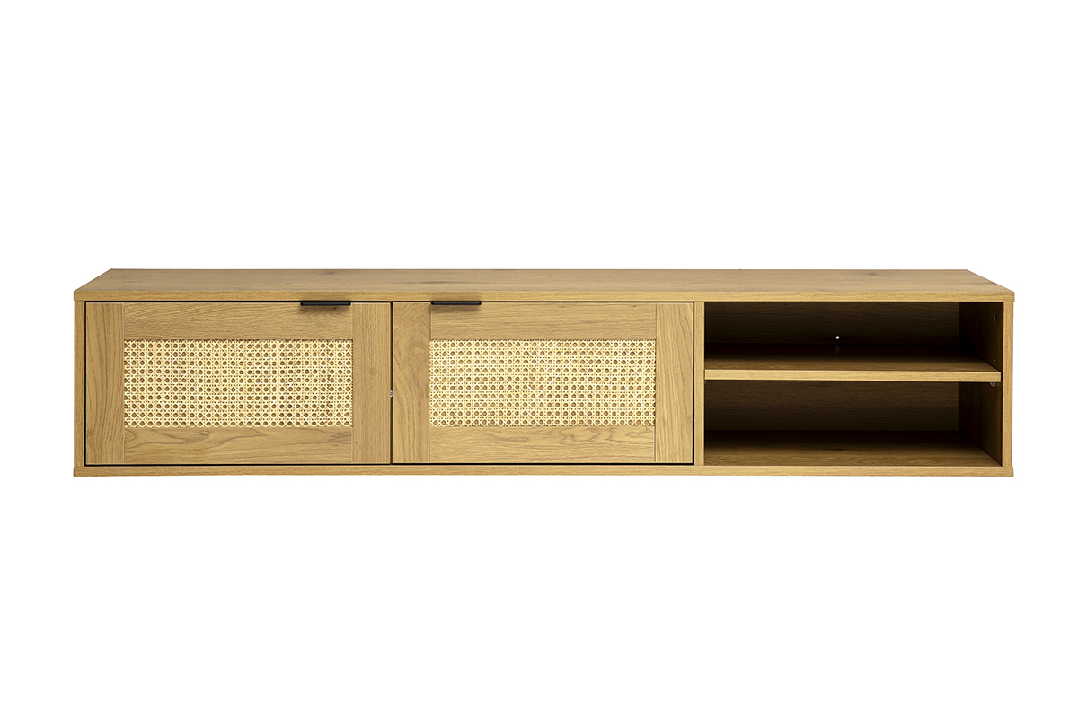 Wand-TV-M�bel aus hellem Holz, Rattangeflecht, 2 T�ren, F�cher, Frontansicht.