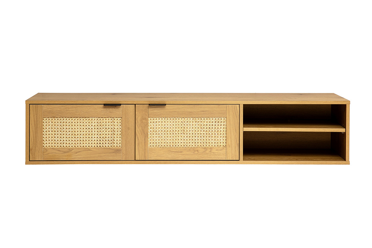 Wand-TV-M�bel in heller Holzoptik und Rattan-Geflecht mit 2 T�ren L150 cm MANILLE