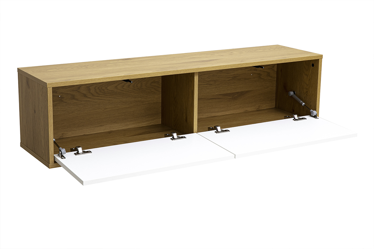 Wand-TV-M�bel mit wei�er und heller Eichenholz-Oberfl�che, 3/4-Ansicht, mit ge�ffneten T�ren.