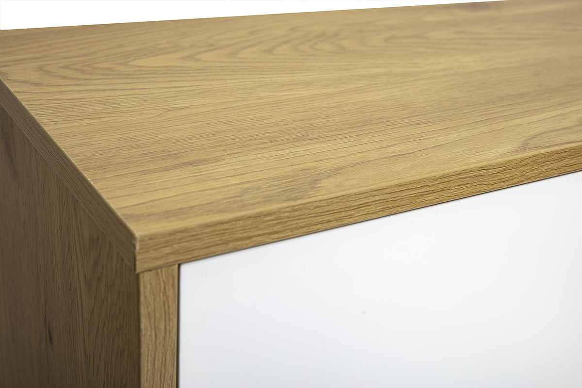Nahaufnahme von oben des TV-M�bels FLEXO mit heller Eichenholz- und wei�er Oberfl�che.