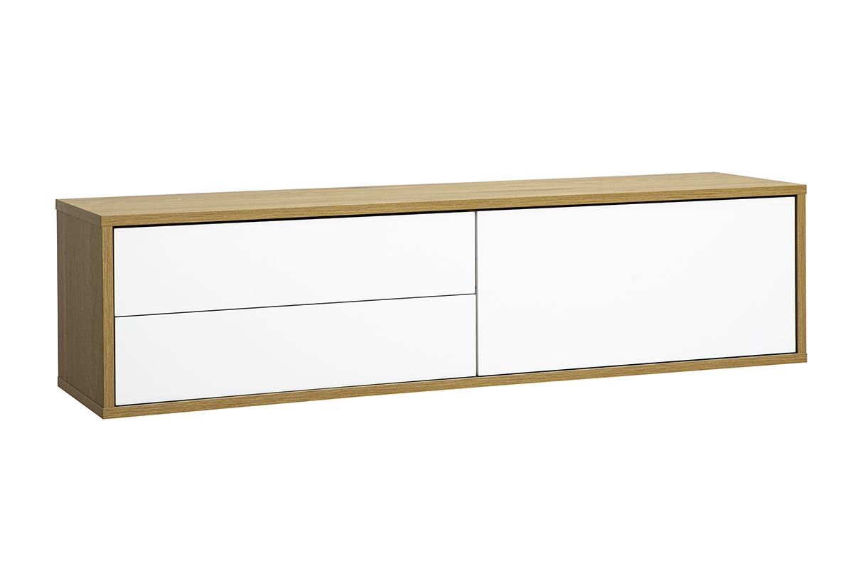 Wei�e Wand-TV-M�bel in heller Eiche, 3/4-Ansicht, mit zwei Schubladen und einem Fach.