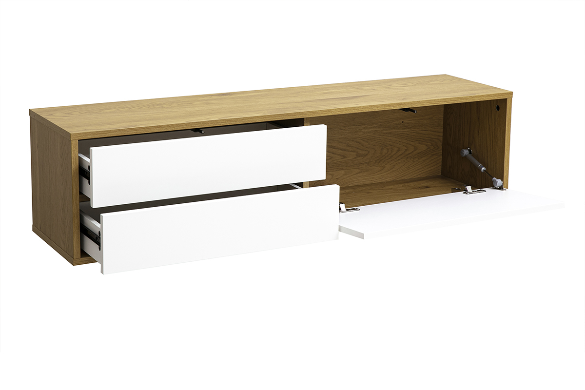 Wand-TV-M�bel aus hellem Holz und Wei� mit zwei Schubladen und einer Nische, 3/4-Ansicht