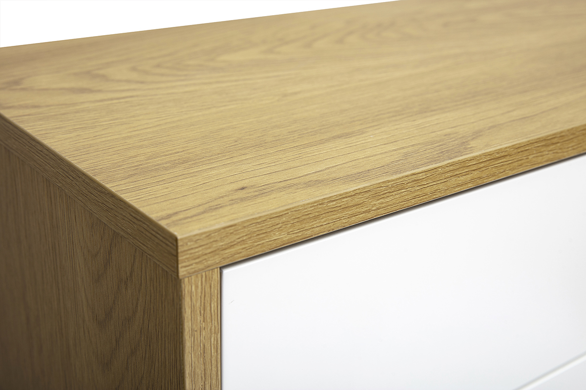 Oberfl�chenplan des wandmontierten TV-M�bels in heller Eichenoptik mit wei�er Schublade, Draufsicht