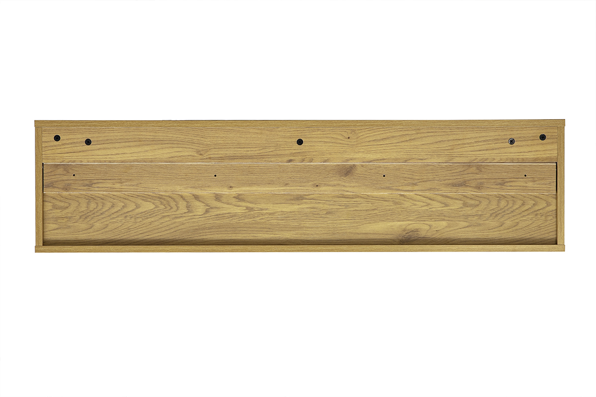 Wei�e und helle Eichenholz-Wand-TV-M�bel, R�ckansicht, mit zwei Schubladen.