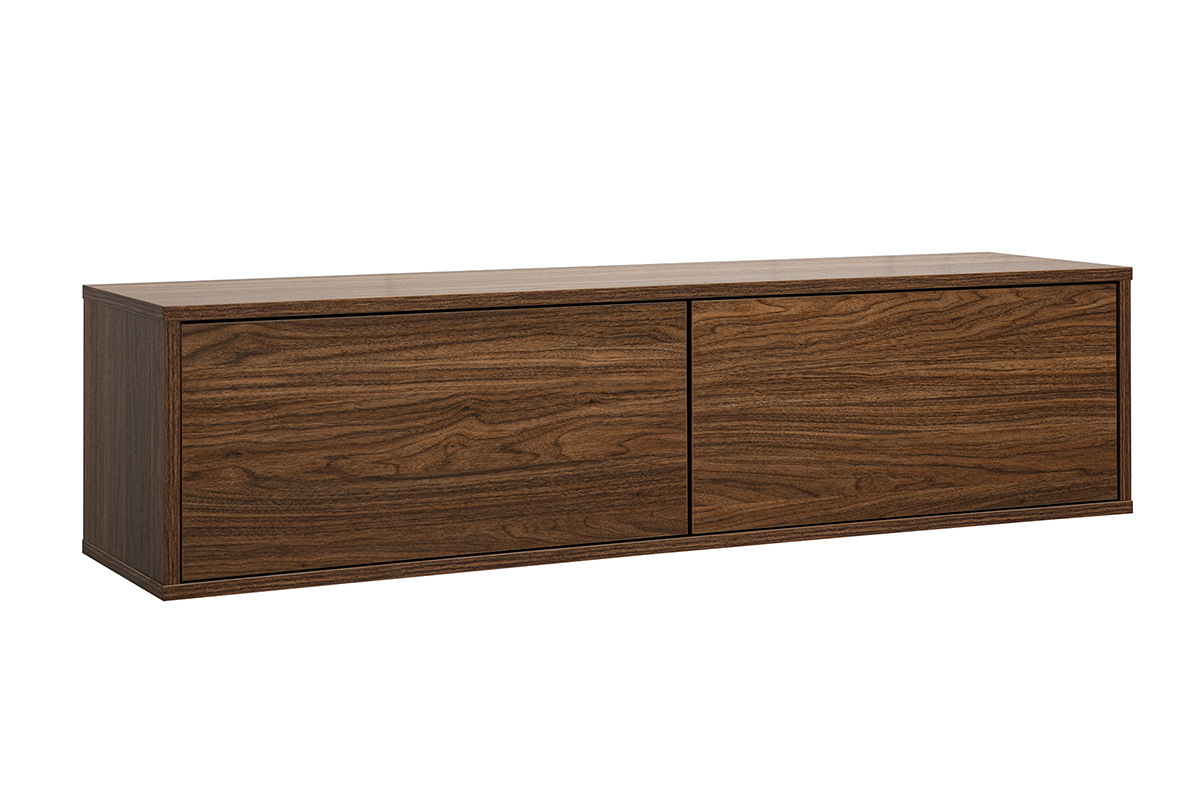 Wand-TV-M�bel aus dunklem Walnussholz, schwebendes Design, 3/4-Ansicht.